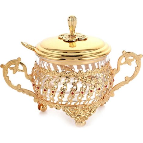 Bocal à épices en verre et alliage style européen avec couvercle et cuillère - Récipient luxueux pour sucre, sel, poivre, condiments ou bonbons (1/4)