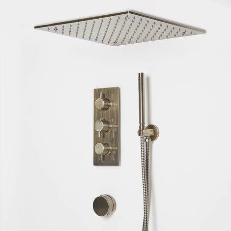 Milano Clarus 3 Outlet Triple Diverter Thermostatic Mixer Shower Valve with Ceiling Mounted Square Recessed Rainfall Shower Head  Overflow Bath Filler and Hand Shower Handset - Brushed Brass (1/5)