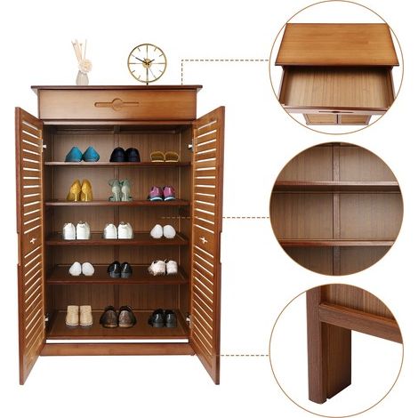 Shoe Cabinet Storage Cupboard Footwear Stand Rack Wooden Double Rattan Doors UK (1/5)