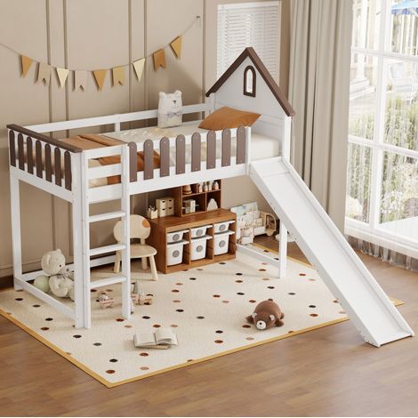 Letto rialzato bambini 90x200 cm con tetto, finestra, sponda, scala a tre gradini e scivolo, senza materasso, bianco e noce (1/5)