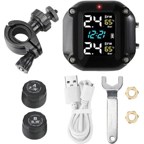 Sistema di monitoraggio della pressione degli pneumatici TPMS per moto con 2 sensori esterni, caricatore USB, kit di allarme temperatura pneumatici, accessori universali per moto e biciclette. (1/5)