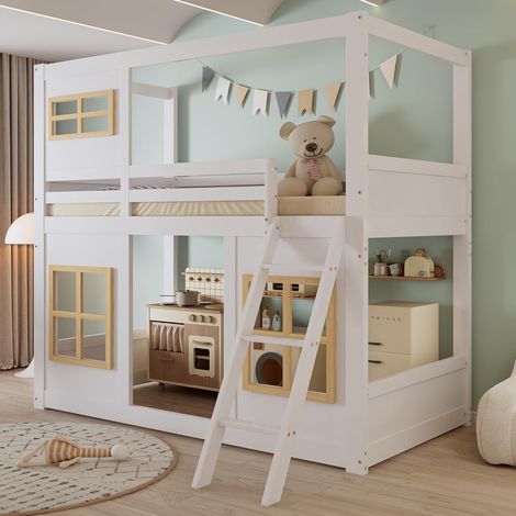 Etagenbett 90x200 cm, Kinderbett mit Treppe, Sicherheitszaun und schönen Fenstern, Massivkiefer, Weiß+Natur