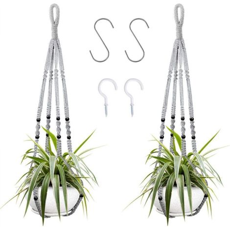 Suspension pour plantes d'intérieur en corde de coton grise, 85 cm, avec perles en bois, pour décoration intérieure, sans crochets, 2 paires