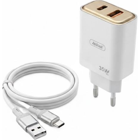 TRADE SHOP - Kit Caricabatterie Da Parete Doppia Porta Type-c + Usb Da 35w Con Cavo Usb A Type-c Q-cd35 -