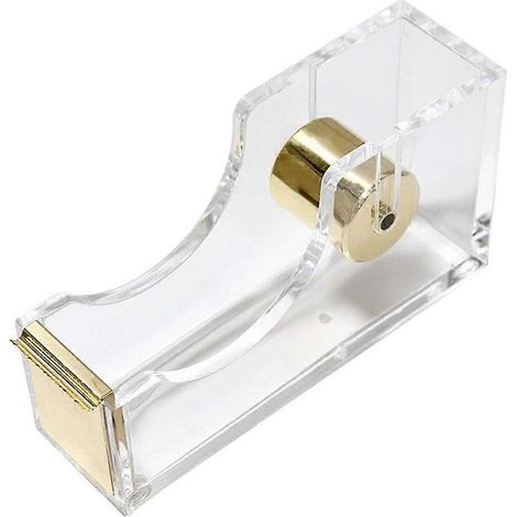 Distributeur de ruban adhésif de bureau transparent en acrylique doré avec mandrin de 2,5 cm et coupe-ruban inclus - Idée cadeau pour le bureau et l'école (1/5)