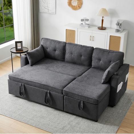 Divano letto angolare in tessuto cotone-lino grigio 211x130x86 cm con contenitore e portabicchieri (1/5)