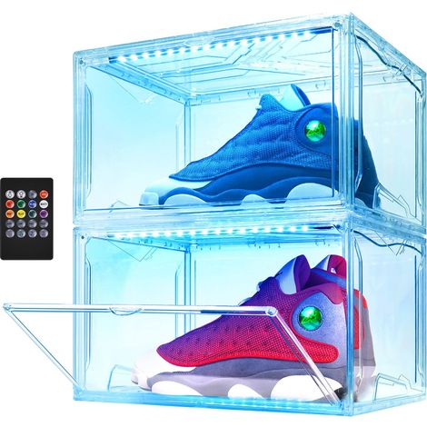 Lot de 2 boîtes de rangement à chaussures pliables en plastique transparent pour placard, étagères magnétiques pour baskets avec lumières LED transparentes (1/5)