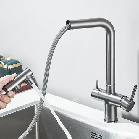 Robinet de cuisine en laiton avec filtre, robinet purificateur d'eau filtrée, double douchette, mitigeur d'eau potable, robinet doré pour évier, couleur or. (1/5)