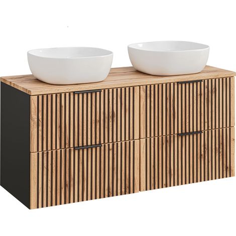 Meuble sous vasque à suspendre XILO NOIR CHÊNE 120 cm avec le plan CHÊNE et avec ses vasques VERA - style industriel (1/5)