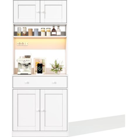 Buffet haut de cuisine Blanc,meuble moderne avec LED,plan de travail,prise avec USB,portes vitrées,72x40x180cm,cuisine,salon (1/5)
