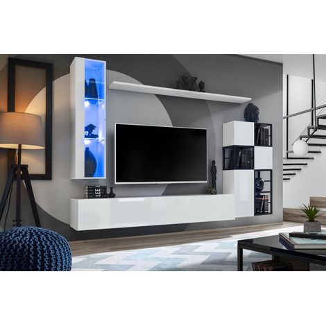 Ensemble meuble TV mural Switch Met II - L 250 x P 40 x H 170 cm - Blanc - Livraison gratuite