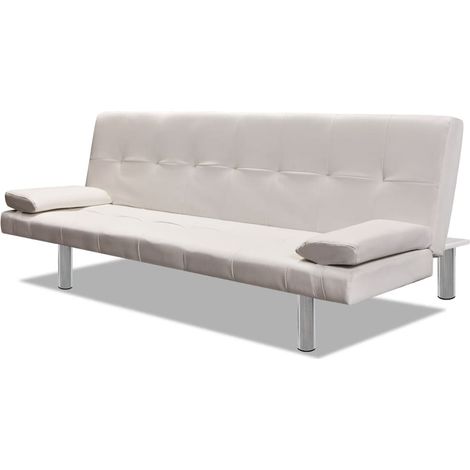 Sofá cama ajustable con dos almohadas de piel sintética blanco crema 020019535