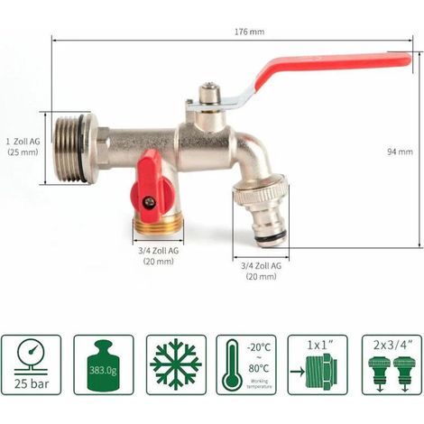Robinet double de jardin, robinet en laiton, robinet double BSP 3/4 pouces de haute qualité (1/5)