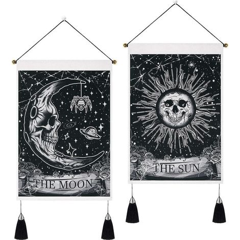 Lot de 2 Tapisserie, 35x50cm, Coton Lin, Motif Squelette Lune Soleil, Décoration Murale Halloween Salon Chambre (1/4)