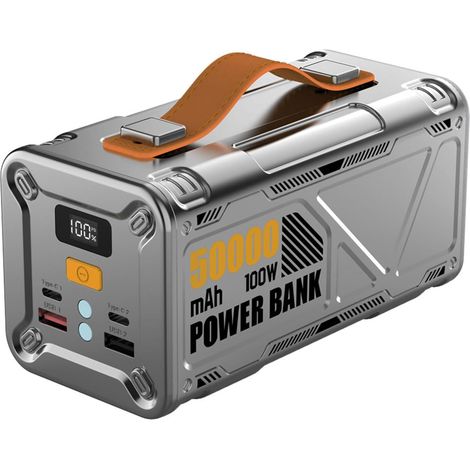 Batterie externe 50 000 mAh, charge ultra-rapide bidirectionnelle 100 W, station de charge portable avec câble Type-C et 4 ports de charge, argent (1/5)