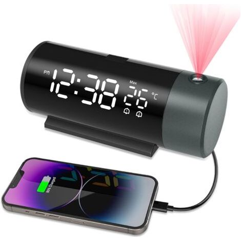 Despertador Proyector 180° Techo, Pantalla LED Grande, Reloj Digital, 4 Niveles de Brillo, Función Snooze, para Dormitorio y Oficina (Negro) (1/5)