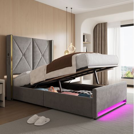 Bett Bett mit Stauraum USB 90x200 Samt Dunkelgrau OKMYHOME (1/5)
