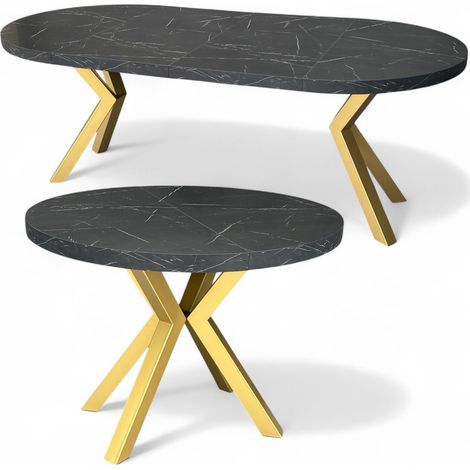 Marmor Esstisch Rund Ausziehbar Ø100/200 cm Schwarz mit Goldenen X-Metallbeinen (1/5)