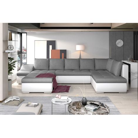 Canapé panorámico GYOVANI gris y blanco con ángulo izquierdo convertible con cofre