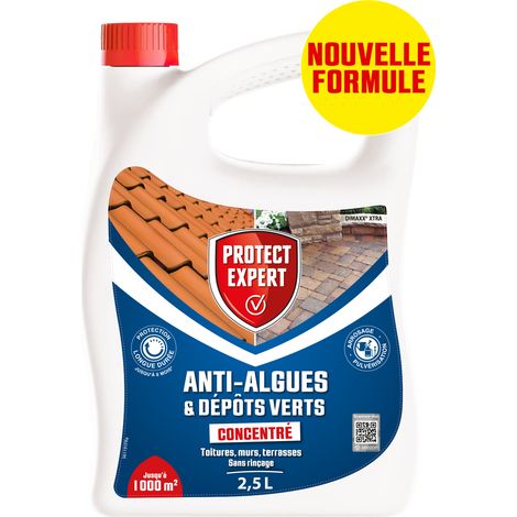 Antimousse concentré 2,5L – Anti-algues et lichens pour toiture, terrasse, dalles – Traite jusqu'à 2000m² – Protect Expert