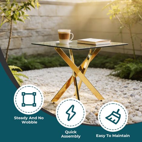 Dining Table with cross metal leg and tempered glass,Modern Space Saving Kitchen Table for Living Room,chrome legs,Square table,golden legs,80x80x75cm (1/5)