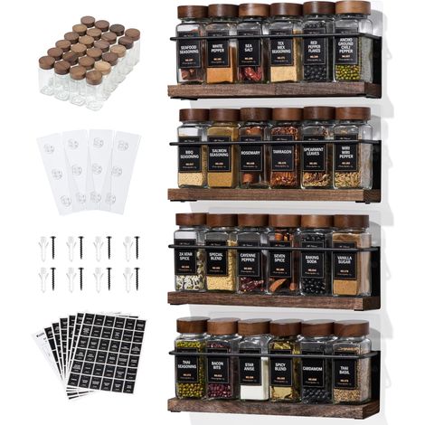 Étagère à épices murale à 4 niveaux avec 24 bocaux en verre, 216 étiquettes et entonnoir – Support à vis/adhésif, rangement à épices en métal noir et bois pour placard de cuisine, garde-manger (1/5)