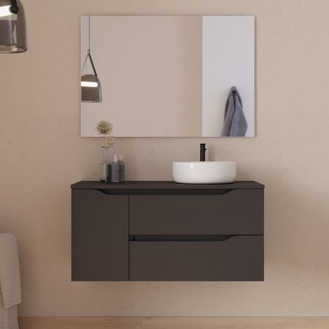 Meuble de salle de bain 100cm avec plateau, vasque à poser déportée à droite Ares et miroir - 2 tiroirs et un placard - noir - ZARZA