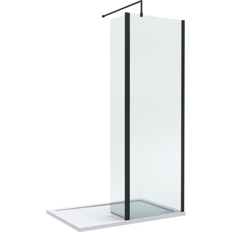 8mm Glass Walk In Wetroom Screen and Hinged Return Screen with Matt Black Profile and Shower Tray - 1200 x 700mm