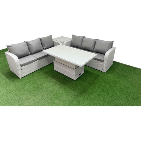 Fimous Outdoor Garden Furniture Sets 6 Seater Wicker Rattan Furniture Sofa Sets with Adjustable Lifting Dining or Coffee Table high Back Lounge Sofa Side Table Light Grey (1/4)