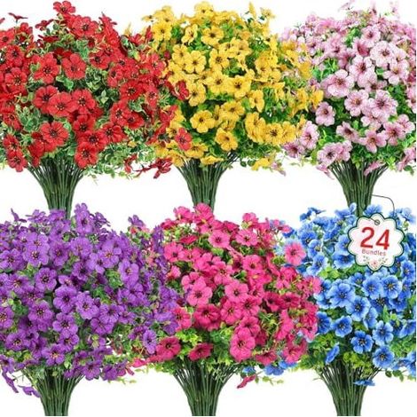 24 Bündel UV-beständiger künstlicher Blumen, geeignet für die Dekoration im Innen- und Außenbereich – seidig-plastikartig, perfekt für Frühlings- und Sommergärten und als Wohndekoration.