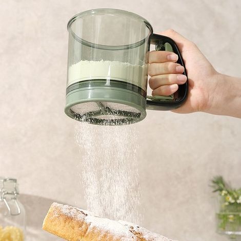 Setaccio semiautomatico con manico, setaccio riutilizzabile per farina e zucchero, utensile da forno per uso domestico (1/4)