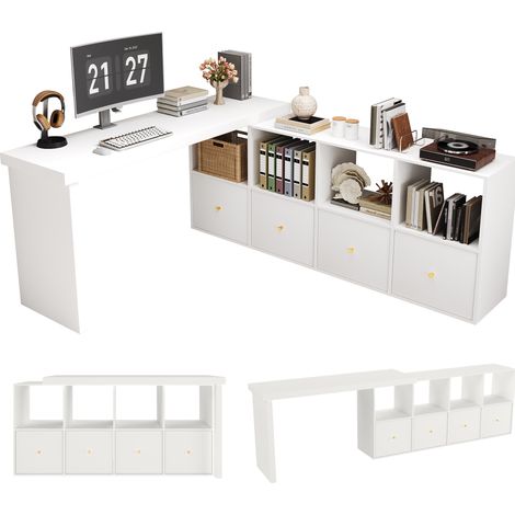 Bureau d’angle pivotant 360° en MDF blanc, modulable en L ou droit, avec 4 compartiments et 4 tiroirs, meuble gain de place pour bureau et home office – CHICFURN (1/5)