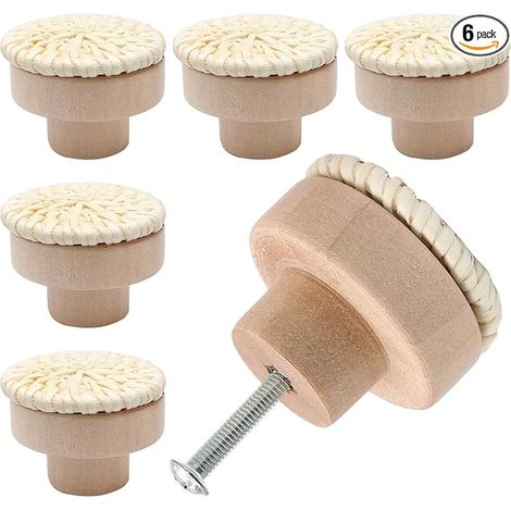 Lot de 6 boutons de commode en rotin blanc style boheme, boutons de tiroir en bois decoratifs pour armoires, poignees de placard et meubles de cuisine, de salle de bains et de dressing (1/5)
