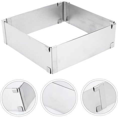 Molde cuadrado ajustable para pasteles, Molde cuadrado de acero inoxidable para mousse, Telescópico, 16-28 cm, panaderías, etc, Plateado (1/5)
