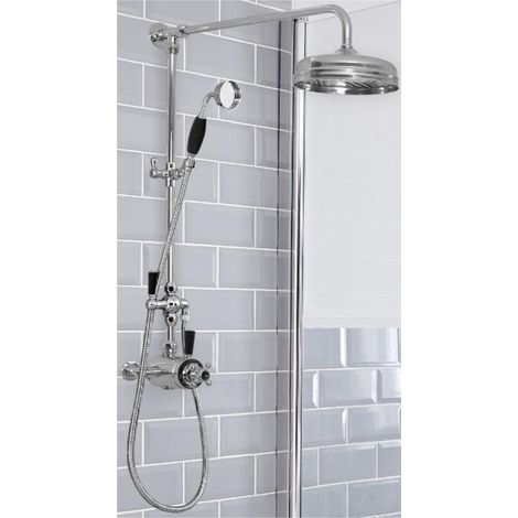 Milano Elizabeth Grand Rigid Riser with 2 Outlet Dual Exposed Thermostatic Mixer Shower Valve  Round Rainfall Shower Head and Hand Shower Handset - Chrome & Black