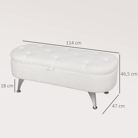 Banc de rangement avec coffre, banquette rembourrée à couvercle, banc de lit en velours teddy, pour entrée chambre salon, cadre en métal 114 x 47 x 46,5 cm blanc (1/5)