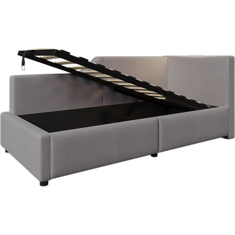 Lit banquette 90x200 cm en velours gris avec rangement hydraulique, lampe de lecture USB-C (1/5)