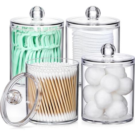 Set di 4 dispenser in acrilico trasparente per cotton fioc, palline, dischetti e stick di filo interdentale - Piccolo barattolo per medicinali, accessori per bagno e vanità, contenitore per cosmetici,