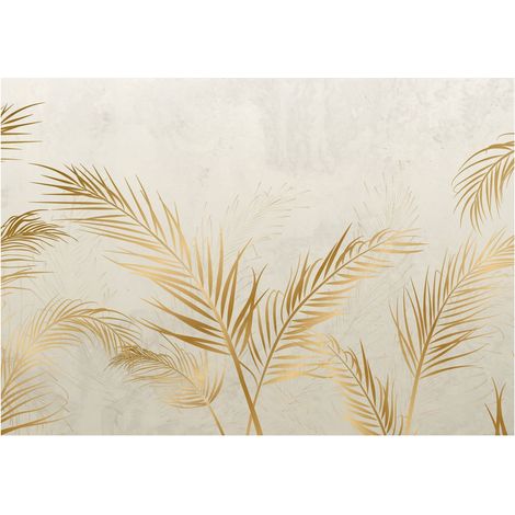 Papier peint feuilles de palmier et plumes sur béton, décoration murale – 300 x 210 cm Wallarena (1/4)