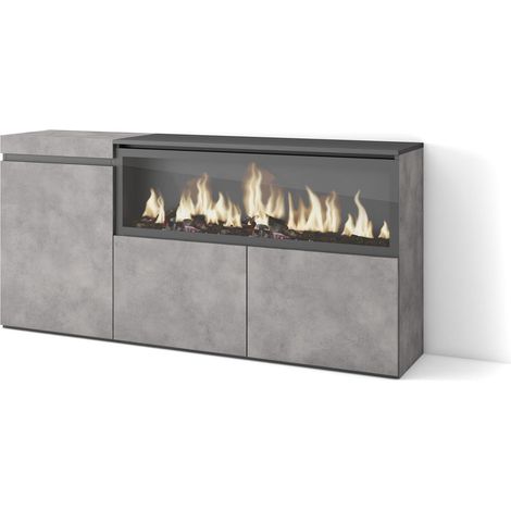 Skraut Home – Buffet moderne avec cheminée électrique XXL – 158x35x75cm – 3 portes – Couleur ciment et noir – Meuble de rangement design (1/5)