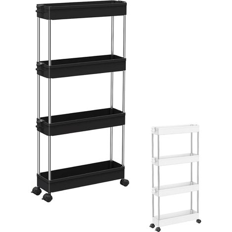 Linxor – Desserte de cuisine étroite à roulettes – 4 étagères en plastique et acier inoxydable – Dimensions 86x40x12,5 cm – Roues pivotantes 360° avec freins