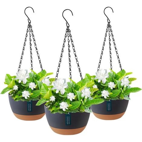 Lot de 3 pots de fleurs suspendus, cache-pot en plastique, crochet de chaîne en métal détachable - Pot de fleurs suspendu intérieur, extérieur, pour jardin, décoration murale (1/5)