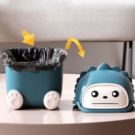 Poubelle de bureau en plastique, mini et adorable, avec couvercle, bleu foncé, style Little Monster, idéale pour le salon ou la salle à manger. (1/5)