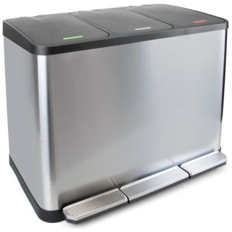 Emuca – Bac de tri sélectif 3 compartiments 15 litres – Acier inoxydable – Couvercles à pédale avec fermeture souple – Design moderne pour recyclage