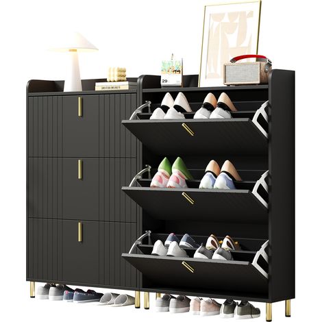 Dos zapateros con 3 puertas, dos estantes estrechos para zapatos. Zapatero con 6 compartimentos, zapatero ajustable, dispositivo antivuelco en la zona de entrada, 8023,5123,5 cm, negro. (1/5)