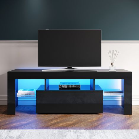 ELEGANT Black TV Cabinet High Gloss TV Cabinet Stand 1300mm with Lights TV Unit with Storage TV Stand Television Unit (1/5)