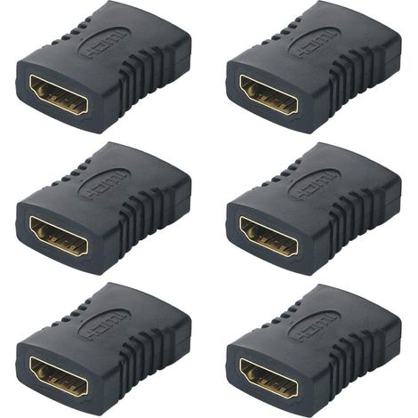 Lot de 6 coupleurs HDMI, adaptateurs HDMI femelle-femelle, connecteurs HDMI plaqués or, convertisseurs de connecteurs pour câbles d'extension HDMI, noir.