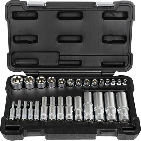 JBM54141 Ensemble de 28 douilles TORX zinguées courtes et longues 1/2 », 1/4 » et 3/8 » (1/4)