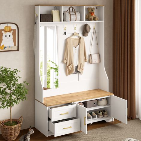 Armadio con scarpiera, mobile alto per soggiorno e camera da letto, illuminazione a LED, 2 ante e 2 cassetti, 4 ganci, MDF, bianco + naturale (1/5)