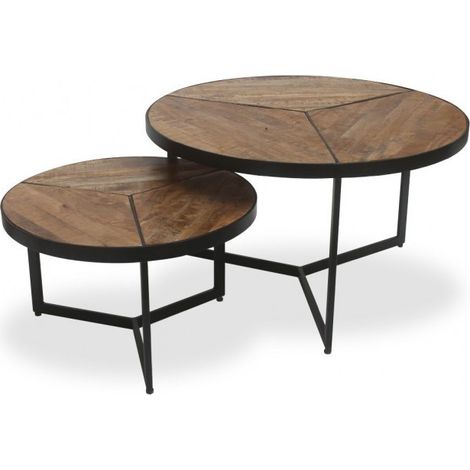 Meublorama – Lot de 2 tables basses gigognes rondes – Bois massif de manguier et métal noir – Style industriel – Dimensions Ø70cm et Ø50cm